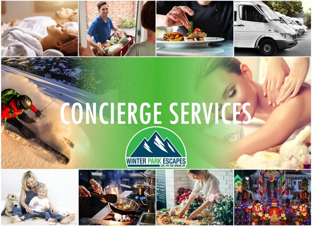 A lively montage capturing various concierge experiences: skiing, spa treatments, gourmet cooking, food delivery, and family activities. People are shown enjoying these upscale services, emphasizing the personalized and luxurious facets of a stay at the property.