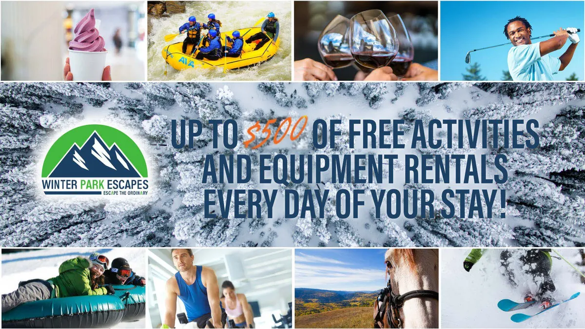 A vibrant collage-style image promoting a variety of activities available through Winter Park Escapes, such as white-water rafting, wine tasting, golfing, skiing, horseback riding, and snow tubing. The image uses energetic visuals to convey the excitement of year-round adventures.
