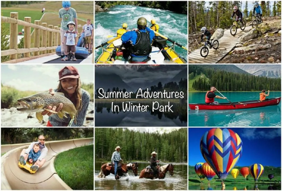 An inviting summer landscape bustling with activity: families rafting on a river, mountain biking scenic trails, fishing, horseback riding, children sliding, kayaking, and hot air balloons floating over the Rockies. The overall atmosphere is playful, adventurous, and filled with the spirit of summer exploration.