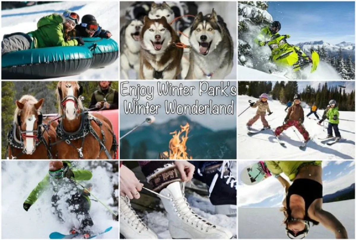 A dynamic winter scene showing people snow tubing down a hill, huskies ready for dog sledding, a snowboarder in mid-action, a fire pit surrounded by friends, children learning to ski, and a pair of ice skates on display. The background is filled with fresh snow and a sense of lively winter adventure.